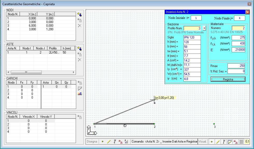 6.1.1. Disegno Geometria Capriata Selezionando il pulsante Disegna Nodi, è sufficiente fare click con il pulsante sinistro del mouse nella finestra grafica, in corrispondenza del punto avente le