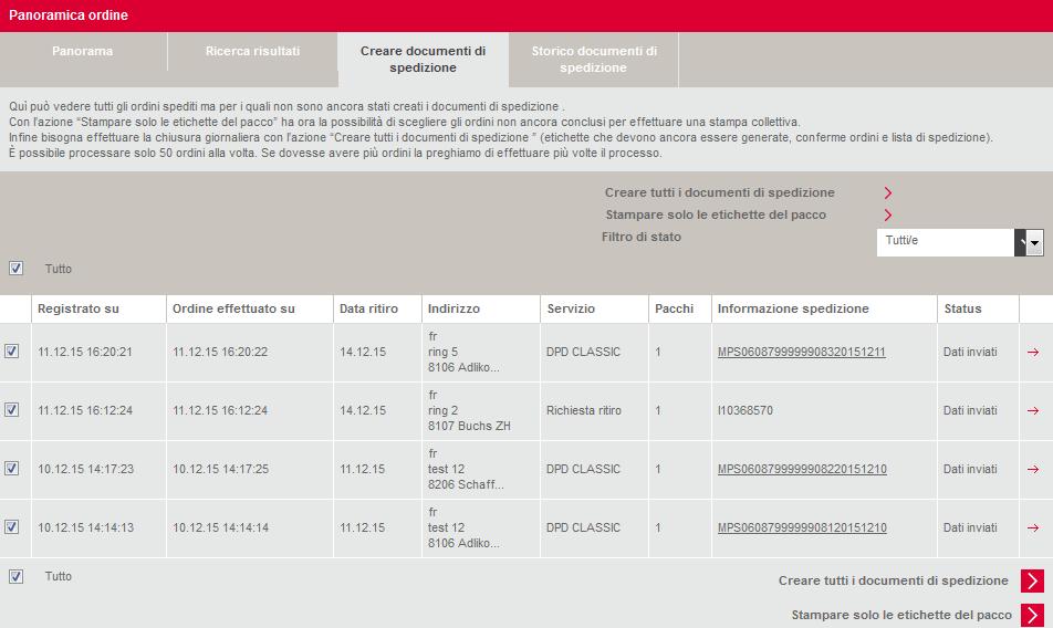 Successivamente passare alla Panoramica ordine per Creare i documenti di spedizione.