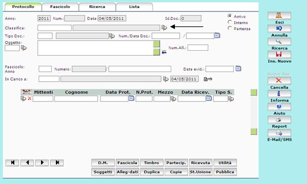 La maschera per l inserimento è diversa a seconda che si debba registrare un protocollo in arrivo, interno o in partenza.