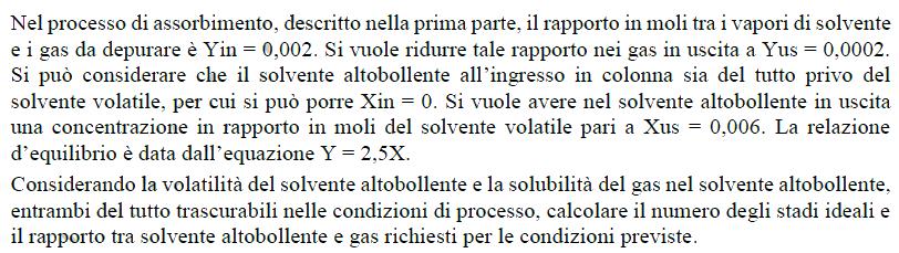 Nota la curva di equilibrio: X 0 0,035 0,056 0,082 0,09 0,109 0,131 0,156 0,178 0,2 0,23 0,25 0,28 0,3 Y 0 0,08 0,124 0,175 0,191 0,221 0,255 0,2925 0, 3223 0,348 0,381 0,402 0,43 0,445 ye=0,30;