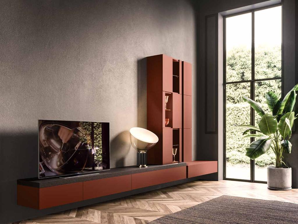 Suspended bases units lacquered in matt Amaranto Bench in Fossile oak Fashion wood Wall units and SHOW wall
