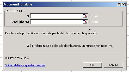 Posso anche calcolare il valore di probabilità utilizzando una funzione di Excel: dato χ 2 = 1,629752 ed 1 grado di libertà