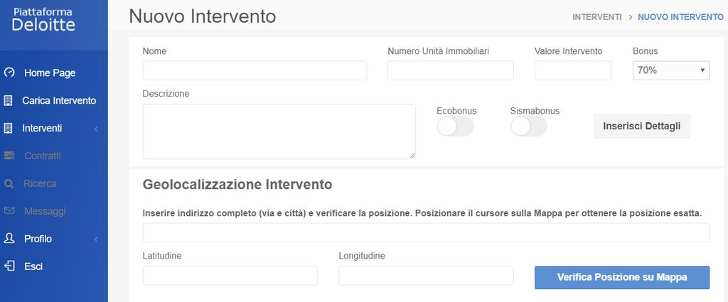 Piattafrma sismabnus/ecbnus: Caricament dell intervent Nella schermata «dettagli intervent» per gli interventi cndminiali,