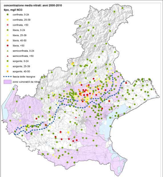 Contaminazioni da nitrati delle acque nel Veneto: acque sotterranee mg/l NO3 N punti % punti <25 212 76% 25-39,99 34 12% 40-50 13 5% >50 19 7% tot
