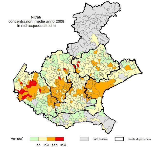 Contaminazioni da nitrati delle acque nel Veneto: acque potabili I comuni con elevate