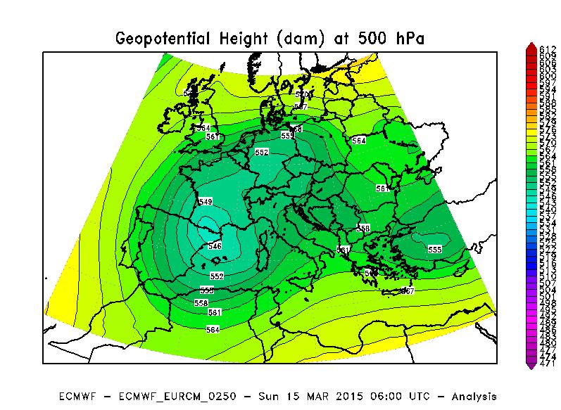 Figura 2 - Altezza di geopotenziale a 500 hpa alle ore 06 UTC del 15 Marzo 2015.