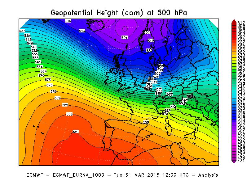 Figura 4 - Altezza di geopotenziale a 500 hpa alle ore 12 UTC del 31 Marzo 2015.