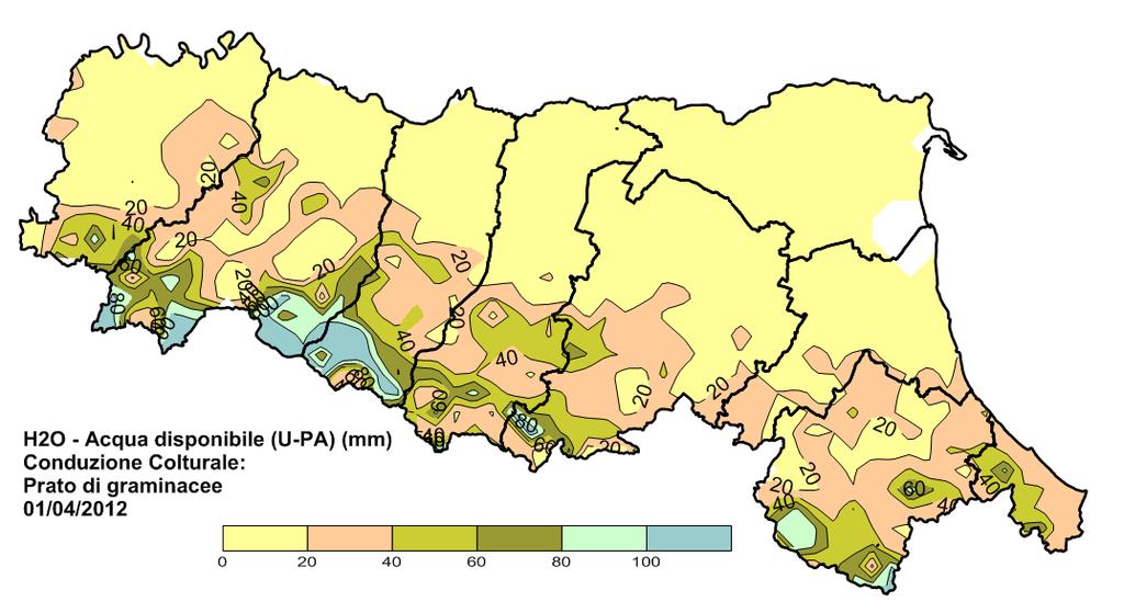 5. Il contenuto idrico dei terreni a fine marzo 2012 Il modello di bilancio idrico Criteria stima a inizio aprile 2012 contenuti idrici estremamente bassi ovunque, in pianura, inferiori a 20 mm.