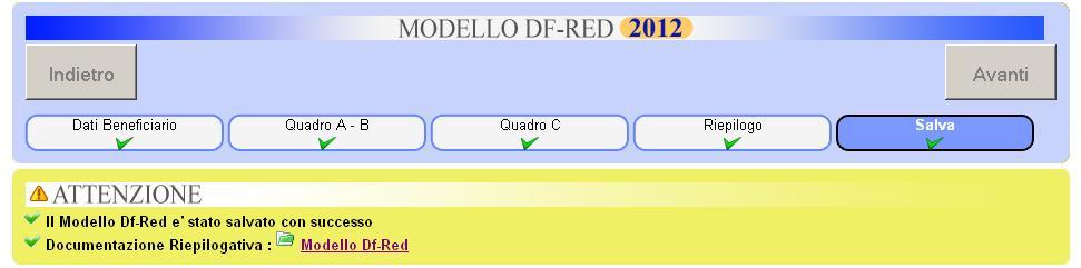 La procedura comunicherà che il modello è stato salvato con successo; inoltre si potrà visualizzare e scaricare la dichiarazione in un file pdf, cliccando sulla voce Modello Df-Red.