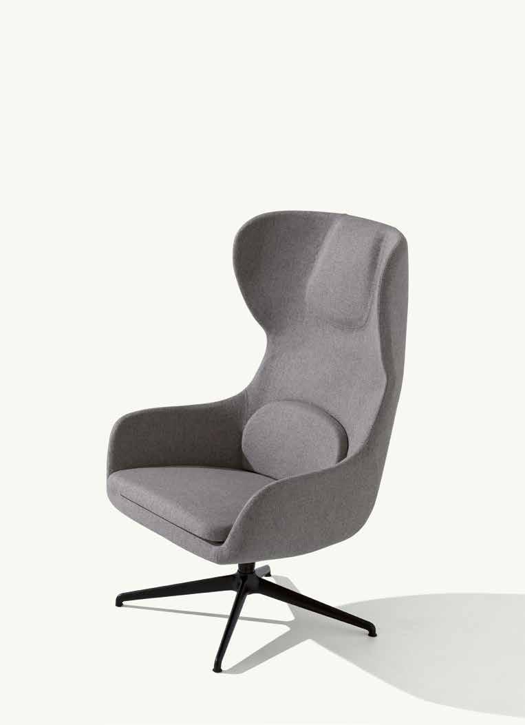 myra design Emilio Nanni, 2016 677 678 679 680 > Poltrona lounge con seduta e schienale imbottiti, rivestimento in tessuto, telaio 4 razze in alluminio,