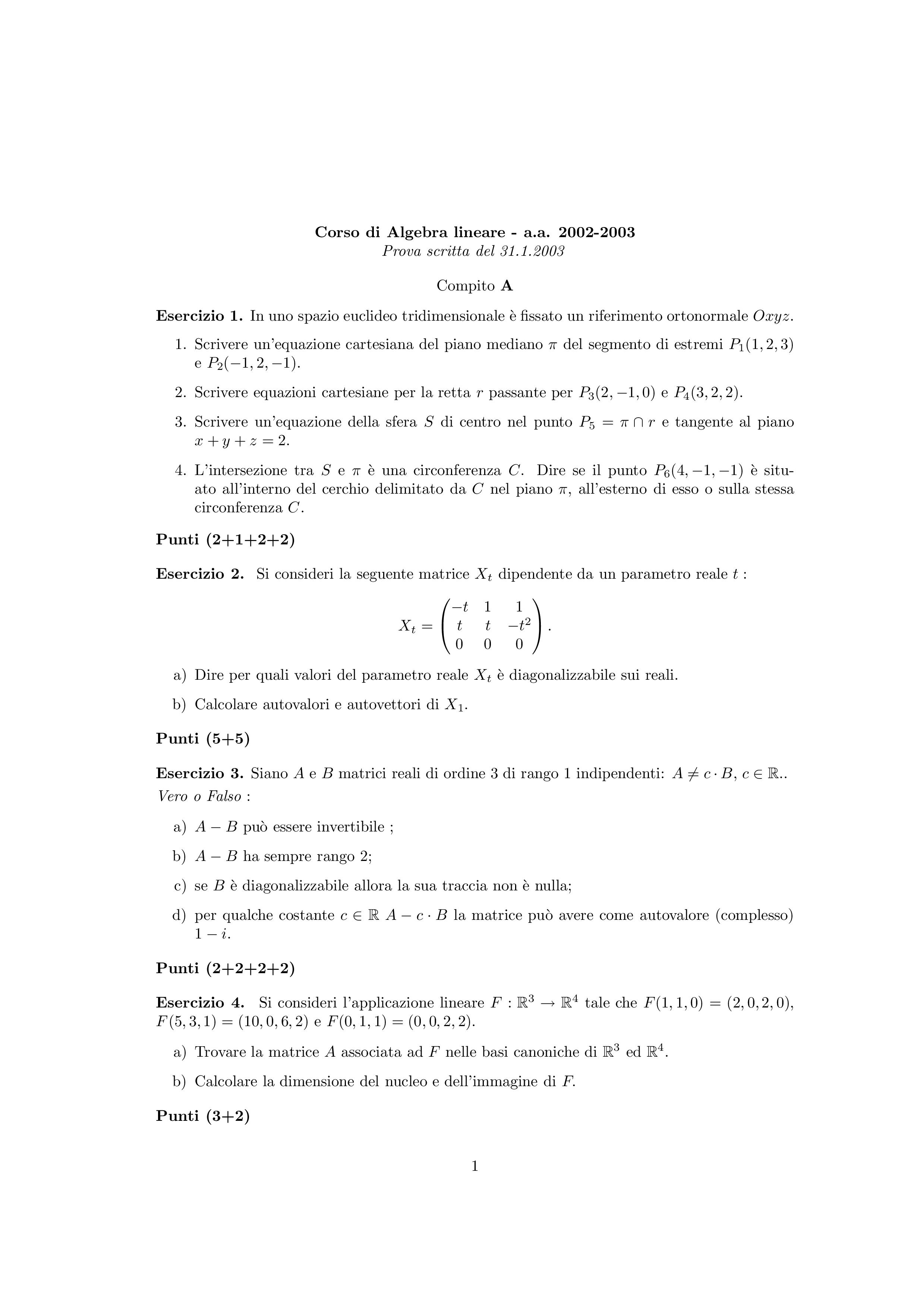 Corso di Algebra lineare - a.a Prova scritta del Compito A